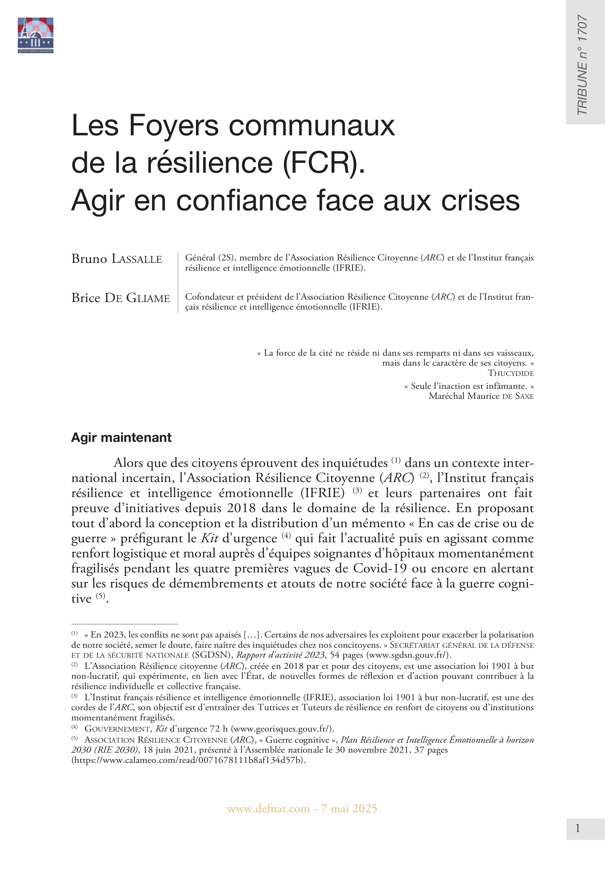 Les Foyers communaux de la résilience (FCR). Agir en confiance face aux crises (T 1707)
